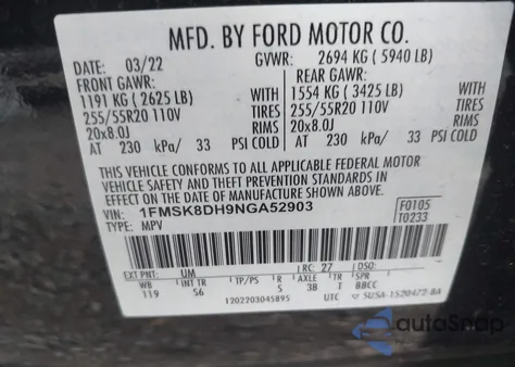 2022 Ford Explorer Xlt z USA, uszkodzony, nr VIN 1FMSK8DH9NGA52903